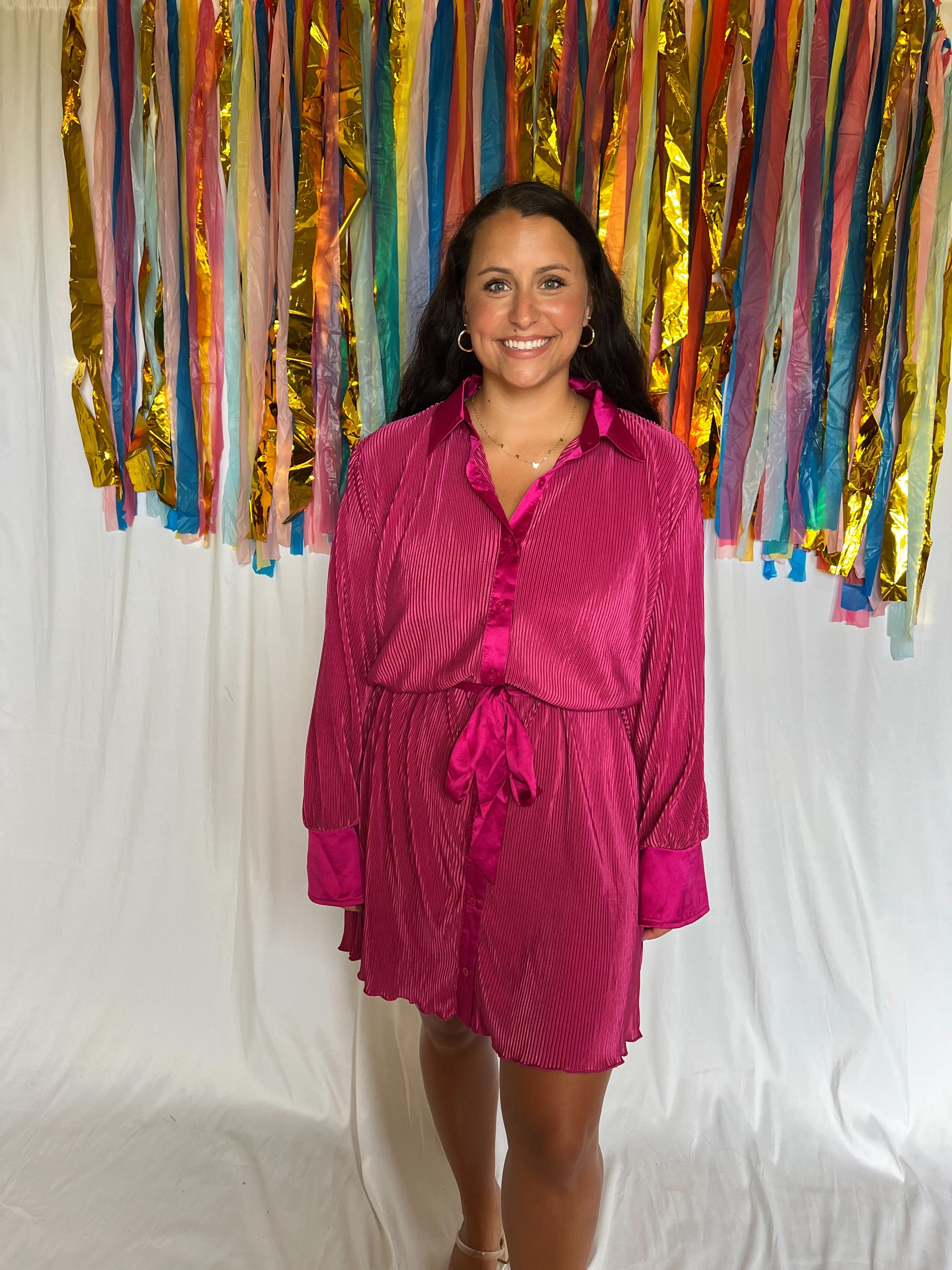 magenta pleated dress Magenta Pleated Bodice Long Sleeve Maxi Dress PinkBlush